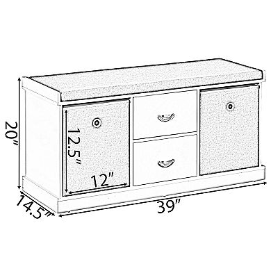 White Shoe Storage Bench with Wooden Frame, 2 Drawers, Foldable Baskets, & Comfortable Gray Cushion