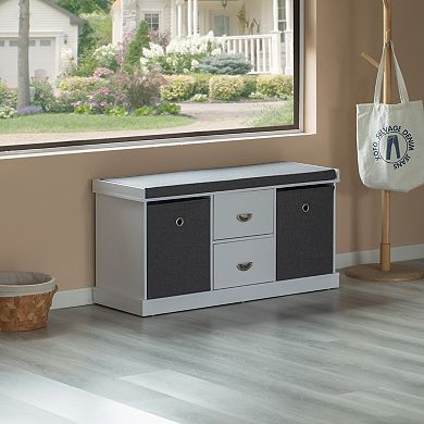 White Shoe Storage Bench with Wooden Frame, 2 Drawers, Foldable Baskets, & Comfortable Gray Cushion