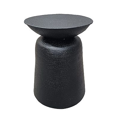 Josi 21 Inch Round End Table, Handcrafted Hammered Design, Drum Pedestal Aluminum Base, Matte Black
