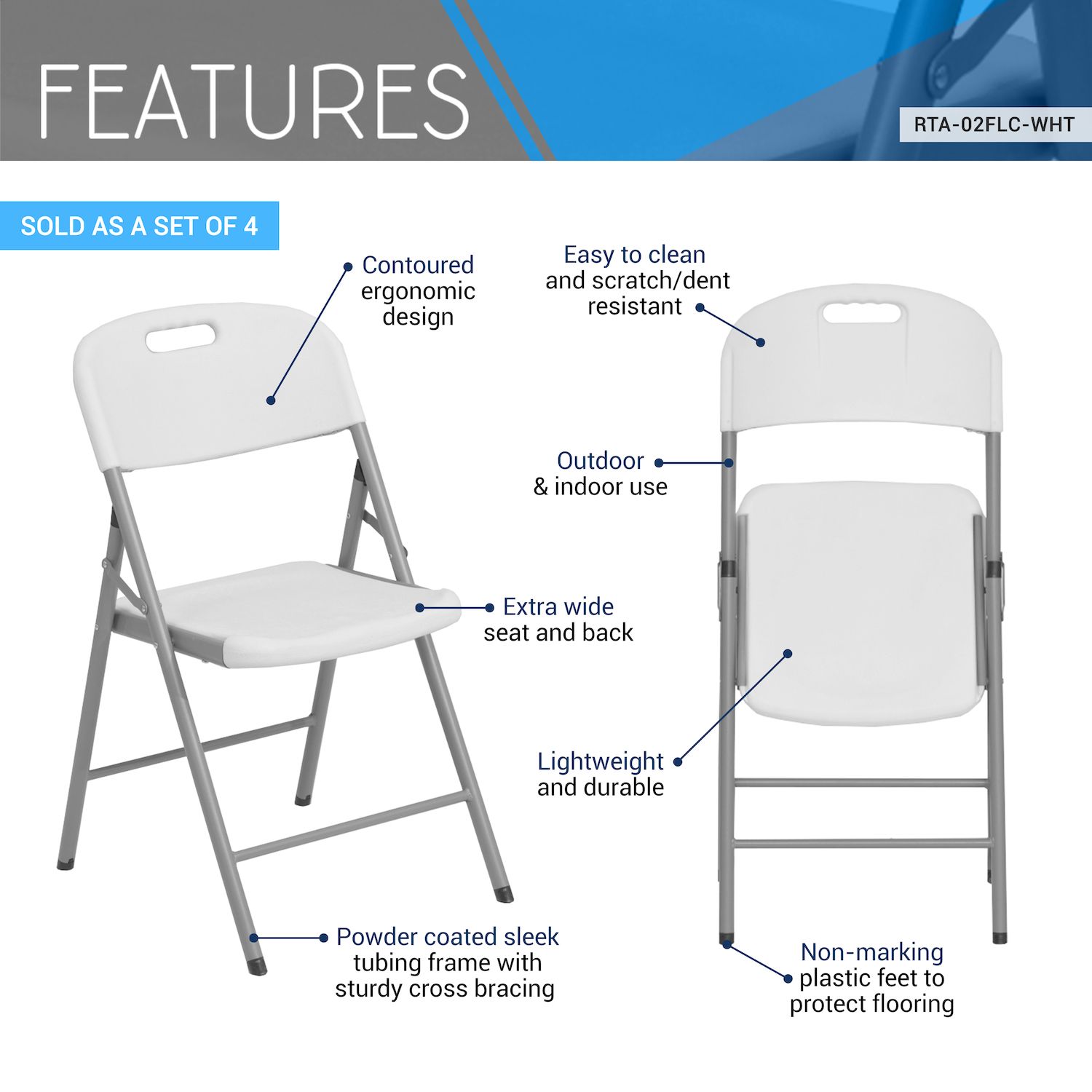 Features diagram of white folding chair with labels highlighting design and usage