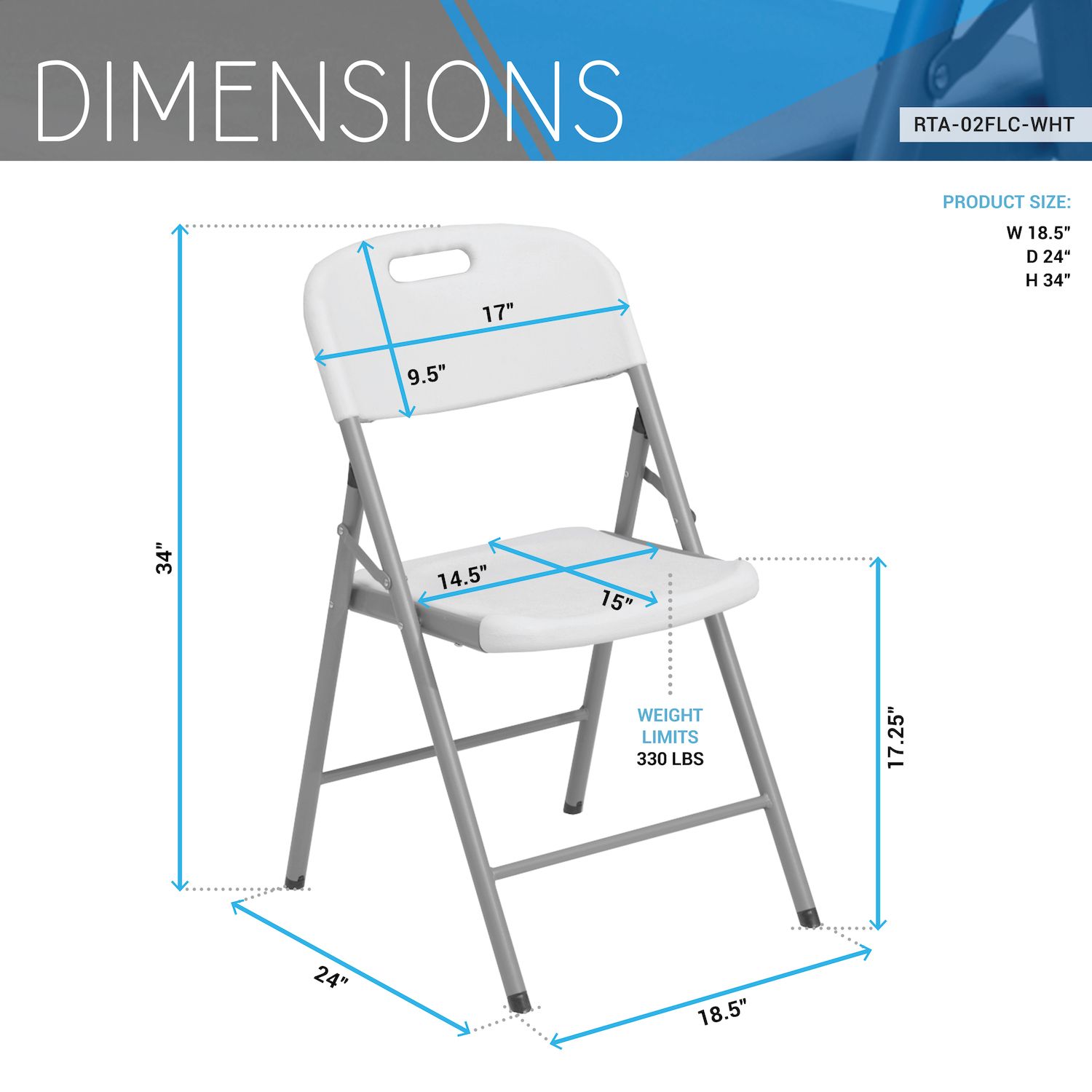 Dimensions diagram of folding chair with measurements
