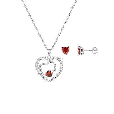 Brilliance Silver Plated Garnet & Cubic Heart Pendant Necklace & Stud Earring Set