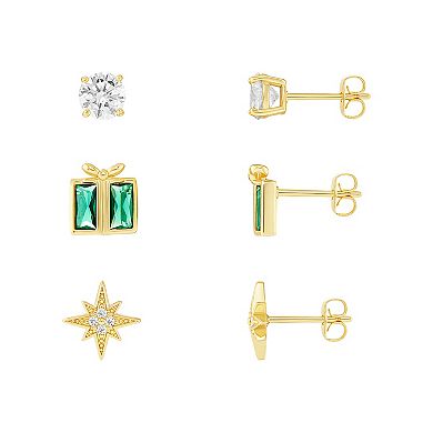 Brilliance 18k Gold Plated Cubic Zirconia & Crystal Present & Starburst Stud Earrings Trio
