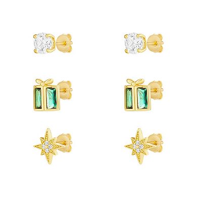Brilliance 18k Gold Plated Cubic Zirconia & Crystal Present & Starburst Stud Earrings Trio