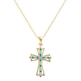 18k Gold-Over-Silver Emerald and Diamond Accent Cross Pendant