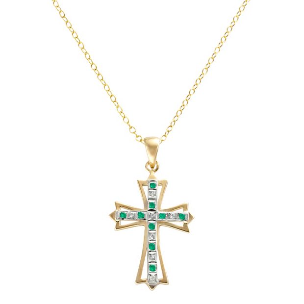 18k Gold-Over-Silver Emerald and Diamond Accent Cross Pendant