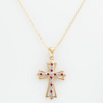18k Gold-Over-Silver Ruby and Diamond Accent Cross Pendant