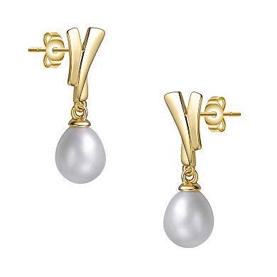 14k Gold Over Silver Freshwater Cultured Pearl Eternity Circle Halo Drop Earrings