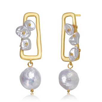 14k Gold Over Silver Freshwater Cultured Pearl Cluster Drop Earrings