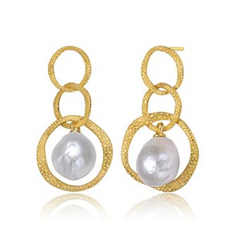 14k Gold Over Silver Freshwater Cultured Pearl Modern Drop Earrings
