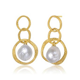 14k Gold Over Silver Freshwater Cultured Pearl Modern Drop Earrings