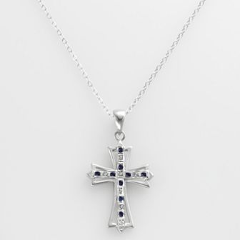 Platinum Over Silver Sapphire and Diamond Accent Cross Pendant