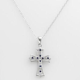 Platinum Over Silver Sapphire and Diamond Accent Cross Pendant