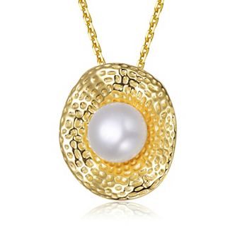 14k Gold Over Silver Freshwater Cultured Pearl Hammered Pendant Necklace