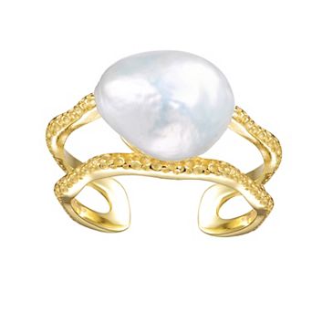 14k Gold over Sterling Silver Freshwater Simulated Pearl Contemporary Adjustable Ring