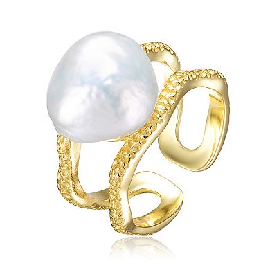 14k Gold over Sterling Silver Freshwater Simulated Pearl Contemporary Adjustable Ring