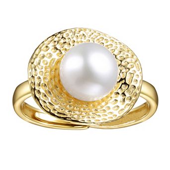 14k Gold over Sterling Silver Freshwater Simulated Pearl Hammered Adjustable Ring