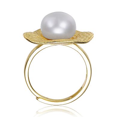 14k Gold over Sterling Silver Freshwater Simulated Pearl Hammered Adjustable Ring