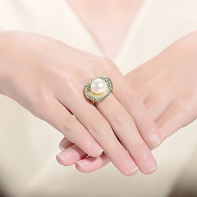 14k Gold over Sterling Silver Freshwater Simulated Pearl Hammered Adjustable Ring