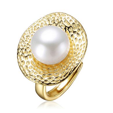 14k Gold over Sterling Silver Freshwater Simulated Pearl Hammered Adjustable Ring