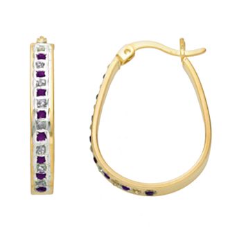 18k Gold-Over-Silver Amethyst and Diamond Accent Pear Hoop Earrings