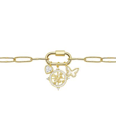 Brilliance 18 Gold Plated Cubic Zirconia & Mother of Pearl Heart, Butterfly, & Compass Charm Bracelet