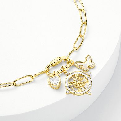 Brilliance 18 Gold Plated Cubic Zirconia & Mother of Pearl Heart, Butterfly, & Compass Charm Bracelet
