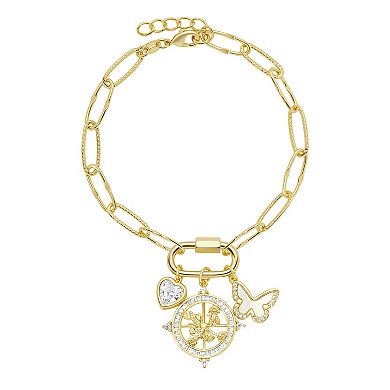 Brilliance 18 Gold Plated Cubic Zirconia & Mother of Pearl Heart, Butterfly, & Compass Charm Bracelet