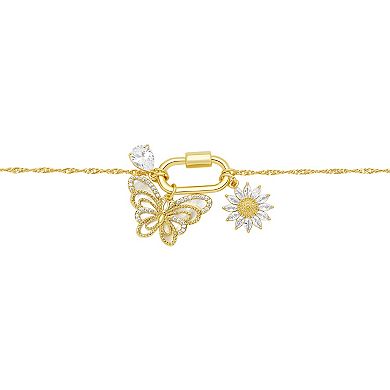 Brilliance 18k Gold Plated Cubic Zirconia & Mother of Pearl Teardrop, Butterfly, & Flower Charm Necklace