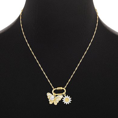 Brilliance 18k Gold Plated Cubic Zirconia & Mother of Pearl Teardrop, Butterfly, & Flower Charm Necklace