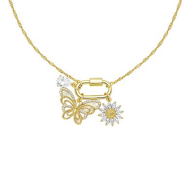 Brilliance 18k Gold Plated Cubic Zirconia & Mother of Pearl Teardrop, Butterfly, & Flower Charm Necklace