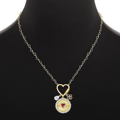 Brilliance 18k Gold Plated Red & Clear Cubic Zirconia Clover & Heart Medallion Charm Necklace