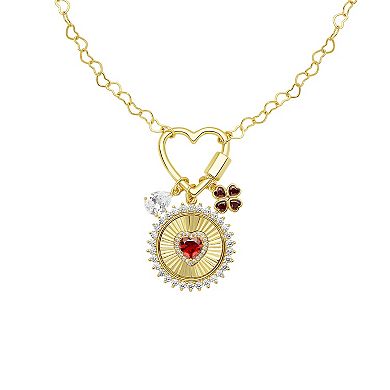 Brilliance 18k Gold Plated Red & Clear Cubic Zirconia Clover & Heart Medallion Charm Necklace