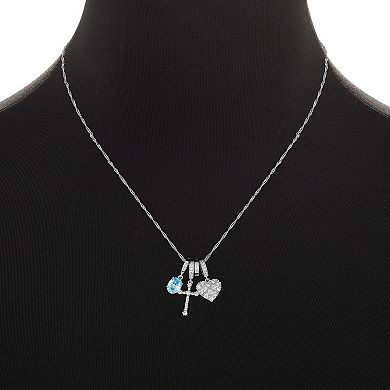 Brilliance Silver Tone Aqua & Clear Cubic Zirconia Cross & Heart Charm Necklace
