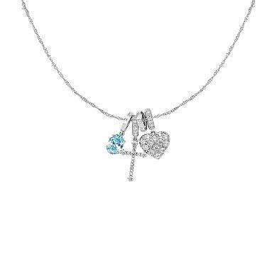 Brilliance Silver Tone Aqua & Clear Cubic Zirconia Cross & Heart Charm Necklace