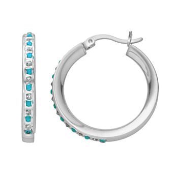 Platinum Over Silver Blue Topaz and Diamond Accent Hoop Earrings