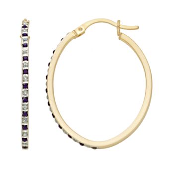 18k Gold-Over-Silver Amethyst and Diamond Accent Oval Hoop Earrings