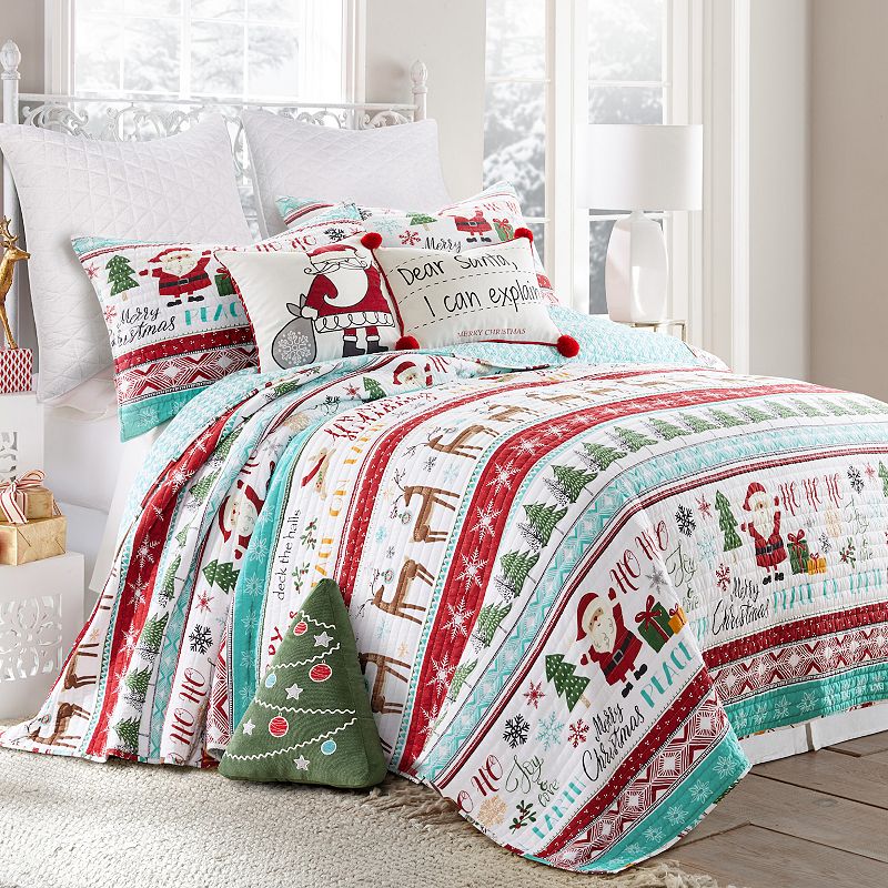 Levtex Home Merry & Bright - Ho Ho Holidays Quilt Set - Full/Queen Quilt (88x92in.) and Two Standard Shams (20x26in.)- Holiday Patch - Red Green White and Teal - Reversible - Polyester