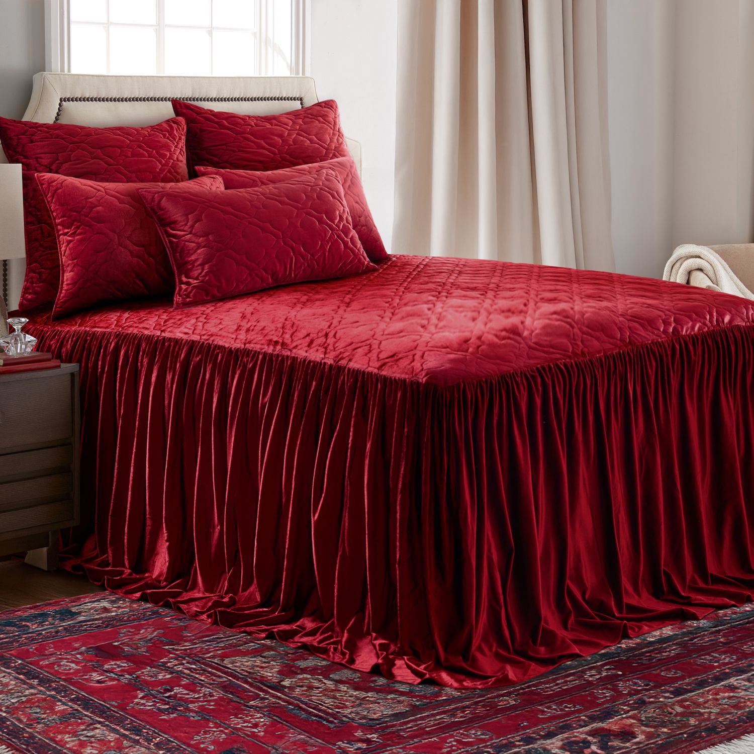 Levtex Home 'Birch Hill – Caserta' Steppdecke In King Size (ca. 259x218 Cm) – Roter Samt, Wendbar, Mit Medaillon-Muster