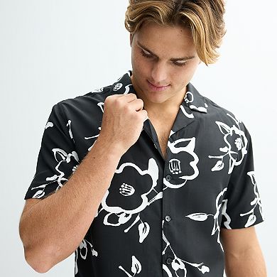 Men's Birch x Black Short-Sleeve Tonal Floral Woven Camp Shirt