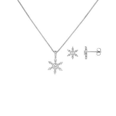 Brilliance Silver Tone Cubic Zirconia Snowflake Stud Earrings & Pendant Necklace Set