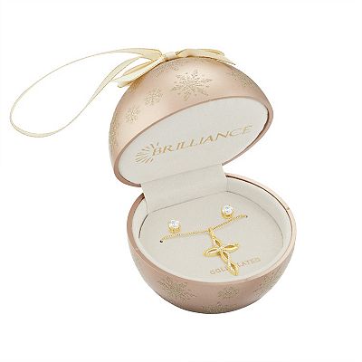 Brilliance Cubic Zirconia Stud Earrings Twisted Cross Pendant Necklace Set