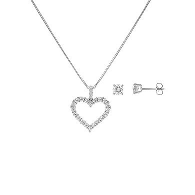 Brilliance Silver Tone Cubic Zirconia Stud Earrings & Open Heart Pendant Necklace Set