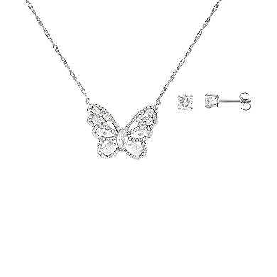 Brilliance Silver Tone Cubic Zirconia Stud Earrings & Butterfly Necklace Set