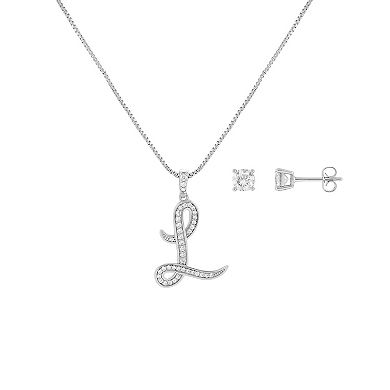 Brilliance Cubic Zirconia Stud Earrings & Script Initial Pendant Necklace Set