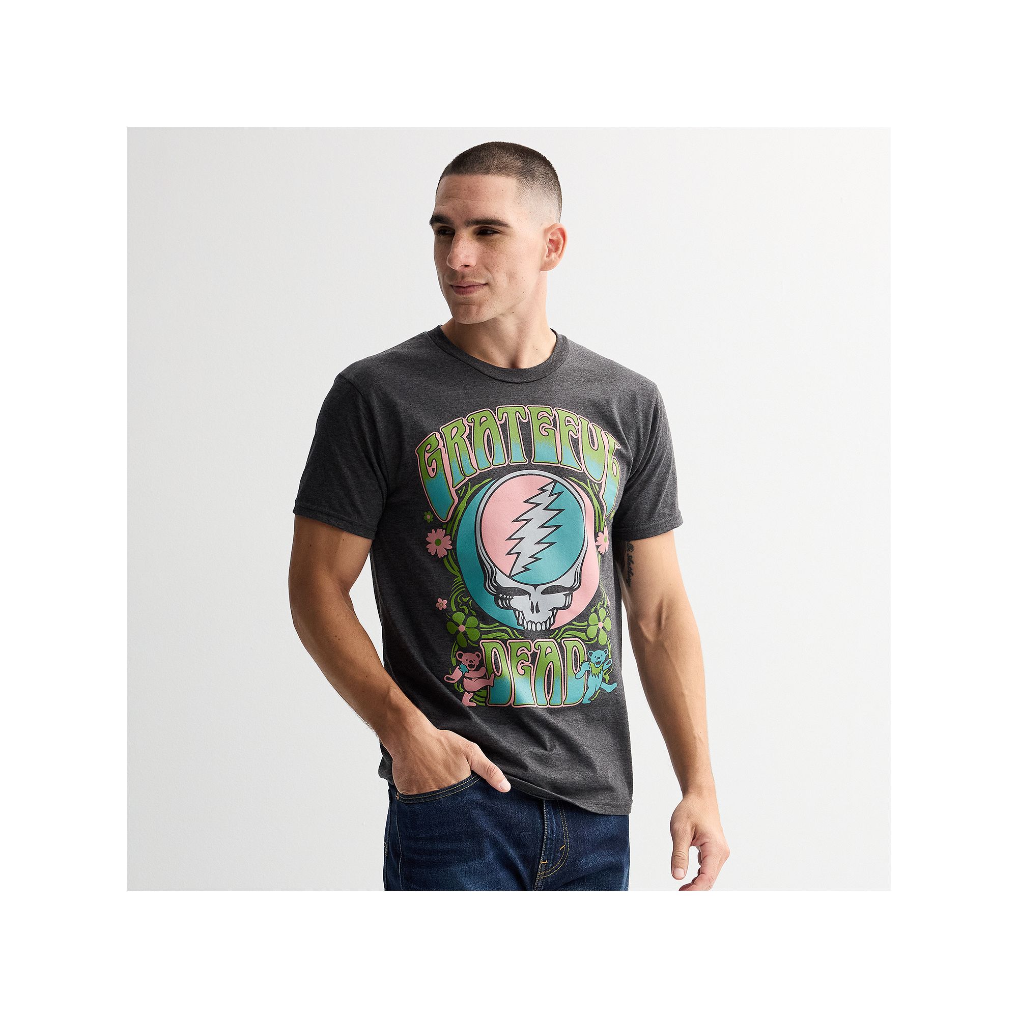 Mens Grateful Dead Deadscript Graphic Tee, Size: Small, Grey Heather