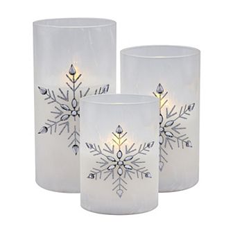 LumaBase Luminarias Battery Operated Glass Snowflake Hurricane Candles 3 pc Set