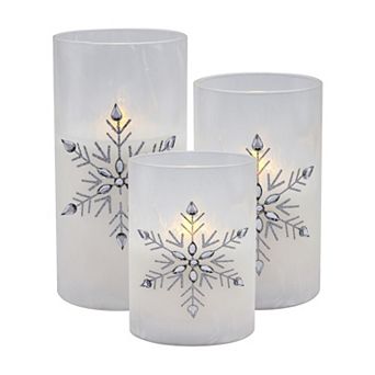 LumaBase Luminarias Battery Operated Glass Snowflake Hurricane Candles 3 pc Set