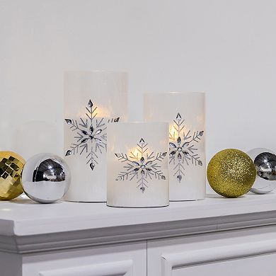 LumaBase Luminarias Battery Operated Glass Snowflake Hurricane Candles 3-pc. Set