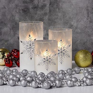 LumaBase Luminarias Battery Operated Glass Snowflake Hurricane Candles 3-pc. Set